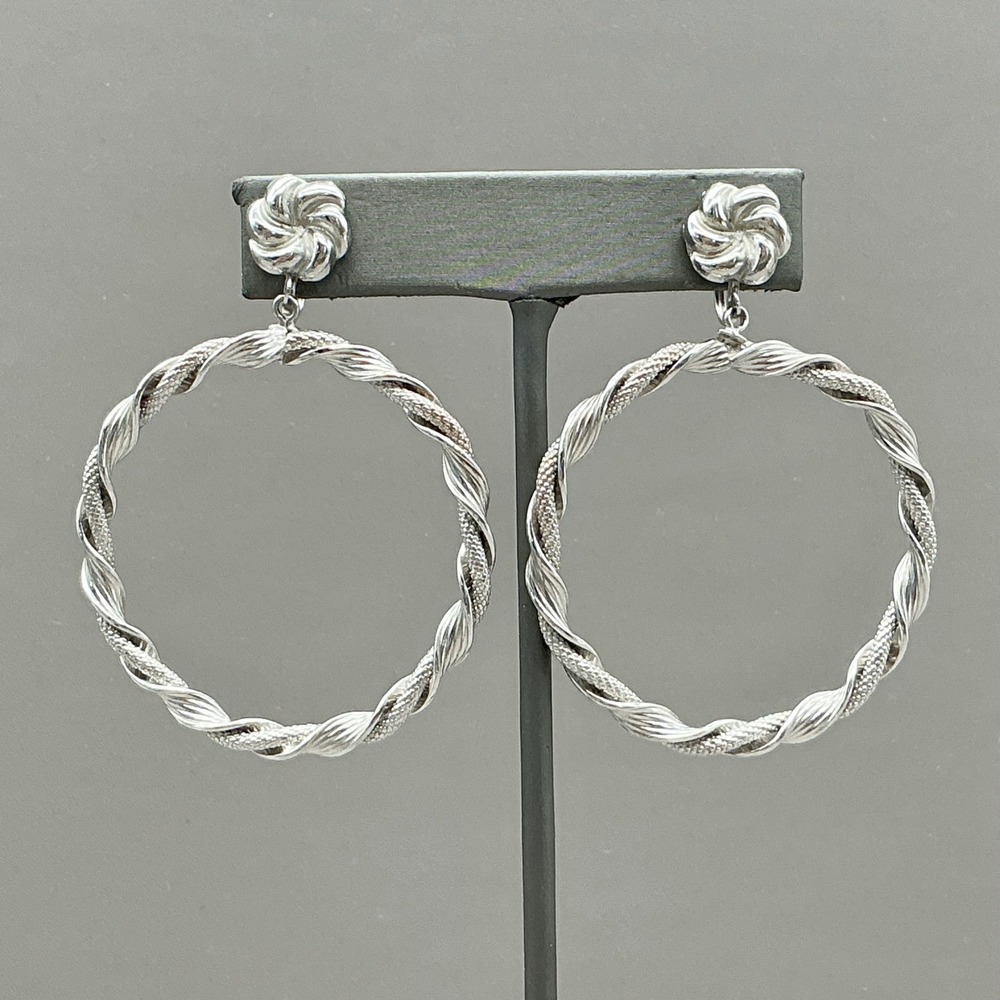 Coro Earrings Vintage Silver Tone Twisted Rope Hoop Dangle Screw Back Signed